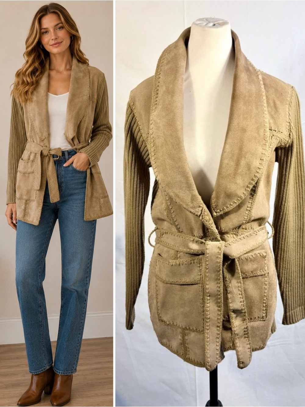 Vintage Banff Sweater Bee Tan Suede Patchwork Belted Open Jacket – Medium🧡